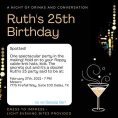 a flyer for a birthday party with an image of a martini