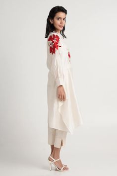 Natural white tunic with red floral resham embroidery and a square hem. Paired with a pant. - Aza Fashions Traditional Spring Kurta With Set-in Sleeves, Off White Straight Kurta For Spring, Spring Workwear Kurta With Resham Embroidery, Spring Resham Embroidery Kurta For Workwear, Handloom Straight Kurta For Spring, White Kurta For Workwear And Eid, White Kurta For Eid Workwear, Resham Embroidery, Pant Set For Women