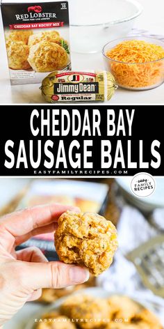 cheddar bay sausage balls with cheese in the background and an advertisement for them