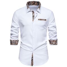 Men Turnover Collar Long Sleeves Shirt White Slim Fit Shirt With Casual Collar, White Casual Collar Shirt For Fall, White Stretch V-neck Shirt, White Stretch Collared Shirt, Fitted White Shirt With Casual Collar, White Fitted Shirt With Casual Collar, Fitted White Shirt, Work Vacation, Men Fashion Casual