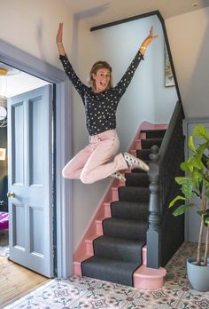 Tiled Hallway Floor, Black Stair Railing, Victorian Villa, The Pink House, Exciting Times Ahead, Alternative Flooring, Stairs Makeover, Tiled Hallway