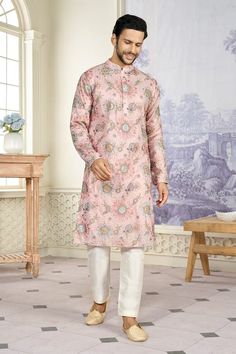 Pink full sleeves kurta crafted in georgette with all over floral bloom embroidery and tonal sequin highlights. Paired with a pant. - Aza Fashions Silk Kurta With Multicolor Embroidery And Long Sleeves, Long Sleeve Salwar Kameez With Floral Embroidery For Reception, Reception Sherwani With Floral Embroidery And Long Sleeves, Floral Embroidered Long Sleeve Salwar Kameez For Reception, Long Sleeve Sherwani With Floral Embroidery For Reception, Long Sleeve Floral Embroidered Salwar Kameez For Reception, Floral Embroidered Sherwani For Reception With Long Sleeves, Reception Long Sleeve Kurta With Multicolor Embroidery, Multicolor Embroidered Long Sleeve Kurta For Reception