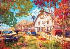 a painting of a farm scene with chickens and an old truck in the foreground