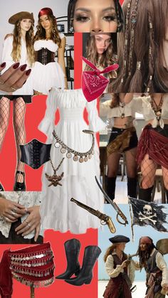 a collage of photos with different types of clothing and accessories, including boots, skirts, stockings, hats, necklaces