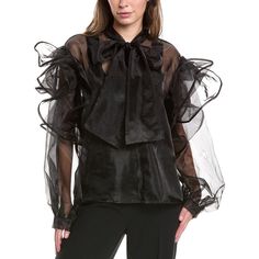 About The Brand: Empowering Women Through Fashion. Blouse In Black With Sheer Organza Construction, Self-Tie Neckline, Ruffle Detailing And Button Cuffs Approximately 26in From Shoulder To Hem Model Is 5'9 And Is Wearing A Size Small/Medium. Measurements May Vary Slightly By Size. Center Back Zipper Closure 100% Polyester Machine Wash Imported Spring Evening Tops With Tie Neck, Spring Night Out Tops With Tie Neck, Spring Night Out Top With Tie Neck, Tie Neck Tops For Spring Evenings, Spring Tie Neck Tops For Evening, Spring Evening Tie Neck Tops, Spring Tie Neck Top For Night Out, Elegant Black Sheer Blouse, Fitted Tie Neck Blouse For Party