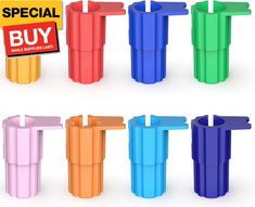 four different colored toothbrush holders with a special buy sign in the middle one for each