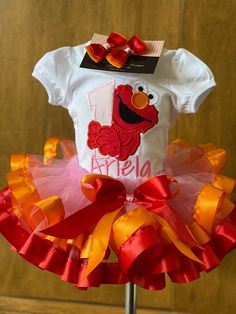 Sesame Street First Birthday Girl, Sesame Street Birthday Outfit, Elmo Birthday Party Girl, Sesame Street Birthday Dress, Girly Elmo Birthday Party, Elmo Tutu Birthday Outfit, Elmo Party Decorations, Elmo Dress, Elmo Shirt