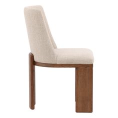 a wooden chair with a beige upholstered seat and back rest on a white background