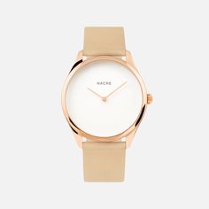 Lune - Rose Gold - Sand Leather – Nacre Minimalist Rose Gold Watch For Everyday, Minimalist Everyday Watch With Leather Strap, Modern Rose Gold Watch For Everyday Use, White Minimalist Watch For Formal Occasions, Modern White Leather Watch, White Minimalist Everyday Watch, Minimalist White Everyday Watch, Elegant Everyday White Watches, Elegant White Everyday Watches