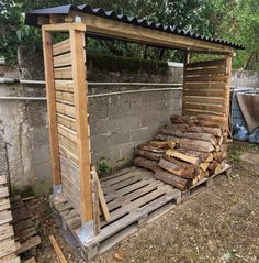 a pile of wood sitting in the middle of a yard next to a building with a roof