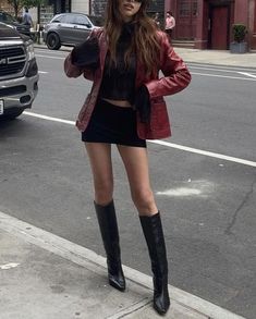 Leather Boots Aesthetic, Red Aesthetic Fall, Dark Red Boots Outfit, Cherry Red Outfit Aesthetic, French Fashion Style, Cherry Red Aesthetic Outfit, Burgundy Aesthetic Outfit, Fall Outfits Cherry Red, Red Inspired Outfits