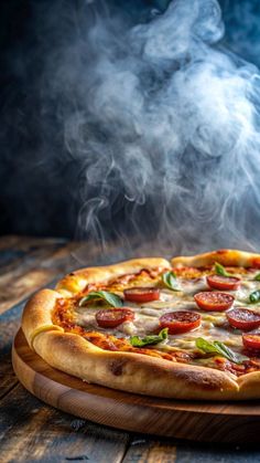 a pizza sitting on top of a wooden cutting board