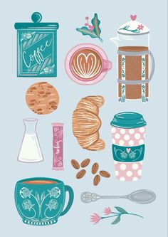 Pretty coffee themed illustration of coffe pots, cups, croissants and milk. Available to purchase as an art print and also for art licensing. Designed by Holly Hudson-Smith at Not Today Tuesday. Cup Of Coffee Illustration, Pretty Coffee, Coffee Drinker, Coffee Illustration, Coffee To Go, Kitchen Range, Bar Art, Coffee Drinkers, Not Today