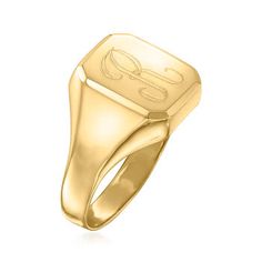 Ross-Simons - Single-Initial - 14kt Yellow Gold Signet Ring Size 9. Make a classic style statement with this squared signet ring. FREE engraving of a single initial in your choice of block or script type. Crafted in polished 14kt yellow gold. 1/2" wide. 14kt yellow gold personalized signet ring. Classic Engraved Monogram Ring For Everyday, Classic Monogram Engraved Ring For Everyday, Classic Engraved Rectangular Initial Ring, Classic Rectangular Signet Ring Stamped 14k, Classic 14k Gold Rectangular Initial Ring, Classic Rectangular Rings With Initials, Classic Rectangular Signet Ring With Initials, Classic Yellow Gold Rectangular Initial Ring, Classic Rectangular Yellow Gold Initial Ring