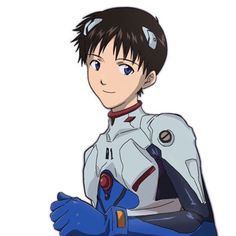 an anime character with short hair and blue gloves, holding his hands out to the side