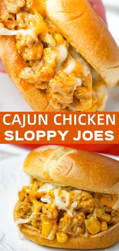 two pictures with the words cajun chicken sloppy joes on them and an image of a sandwich cut in half