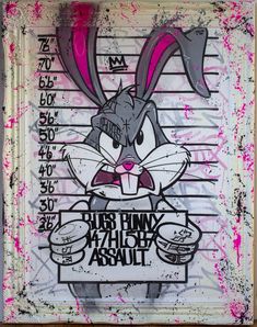 a drawing of a rabbit holding a sign in front of a jail cell wall with pink paint splatters on it