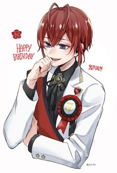 an anime character with red hair wearing a white shirt and black tie, holding his hand to his chin