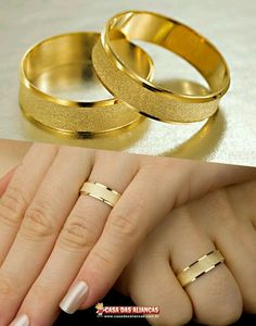 two gold wedding rings on top of each other, with one being the same size