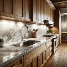 a kitchen with wooden cabinets and marble counter tops