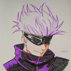 a drawing of a man with purple hair and glasses