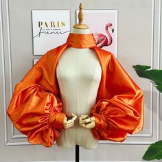 Layered Puff Sleeve, One Piece Clothing Design, Winter Party Blouse With Ruffles, Chic Orange Party Blouse, Gold Satin Blouse For Spring, Spring Gold Satin Blouse, Fitted Orange Blouse For Party, Fitted Orange Party Blouse, Bolero Outfit