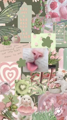 the collage is full of pink and green items, including flowers, hearts, and other things