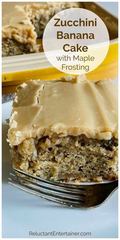 a piece of zucchini banana cake with maple frosting on a white plate