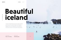 an image of beautiful iceland with people swimming in the blue lagoons and mountains behind it