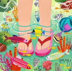 a painting of someone's feet in the water surrounded by fish and corals