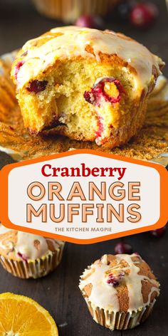 cranberry orange muffins with icing on top and an orange slice next to them