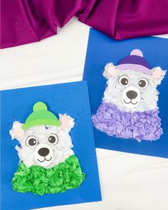 two cards with animals made out of tissue paper