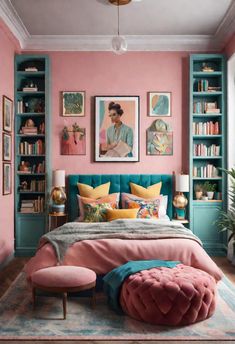 a bedroom with pink walls and blue bookshelves in the corner, an upholstered bed is surrounded by colorful pillows