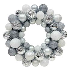 a silver and white christmas wreath with ornaments around it on a white background for the holiday season