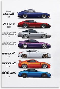 a poster with different colored cars on it's side and the numbers in each