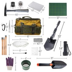 the contents of a garden tool set up on a white background, including gardening tools