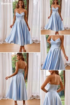 four different pictures of a woman in a blue dress