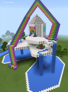 Minecraft Rainbow Sky Waterfall House Waterfall House, Rumah Minecraft Sederhana, Rainbow House, Easy Minecraft Houses, Cool Minecraft Houses