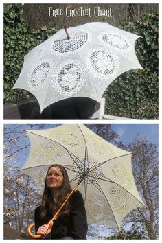 two pictures side by side, one with an umbrella and the other with crochet