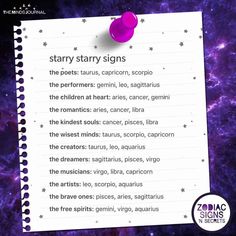 a note with the words starry signs on it and an image of stars in the background