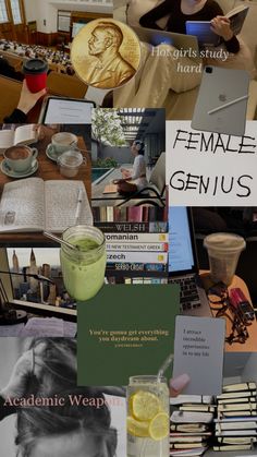 a collage of photos with books, lemonade, and other things on it