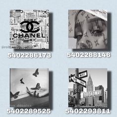 black and white photos with the words chanel on them in four different languages,