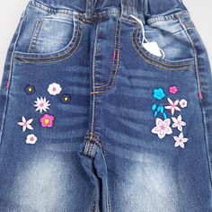 Kidscool Space Girls Embroiderd Small Flower Decor Slim Jeans Pants - Kidscool Space Cute Spring Denim Pants, Spring Embroidered Cotton Bottoms, Spring Cotton Embroidered Bottoms, Straight Leg Cotton Bottoms With Floral Embroidery, Cotton Straight Leg Bottoms With Floral Embroidery, Cute Embroidered Blue Bottoms, Cute Embroidered Spring Jeans, Flower Embroidered Jeans, Space Girls