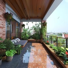 a covered patio with plants and potted plants on the floor, next to a couch