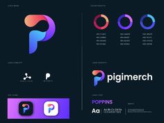 the logos for poppin's are designed in different colors and shapes, including purple,