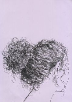 a drawing of a woman's head with curly hair in the back and behind her ear