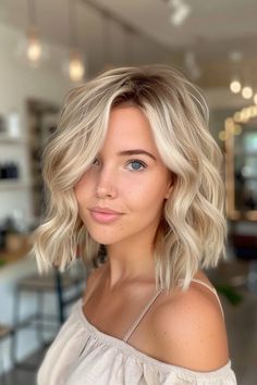 39 Milky Blonde Hair Color Ideas That Will Make You Want to Go Lighter Blonde Hair Color Ideas Bob, Hair Color Ideas For Blondes Short, Medium Blonde Hair Length, Bright Blonde Highlights With Lowlights, Winter Blonde Hair Shoulder Length, Juliana Hough Hair, Blonde With Bright Money Piece, Cold Blonde Hair Ash, Blonde Deminsional Hair