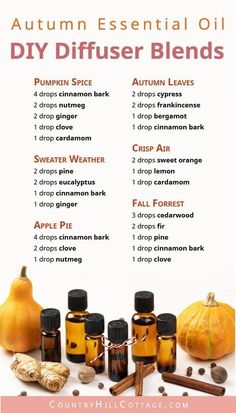 Learn how to make your home smell like autumn with 6 seasonal essential oil blends for fall! Autumn essential oils provide cozy fall fragrances & calming natural scents to enjoy all season long. Fall essential oil diffuser blend recipes are easy and will help you relax. The DIY essential oil blends are great air freshener and good for aromatherapy, home fragrance, relaxation, focus, energy & purification. #diffuserblends #essentialoils #fall #autumn #aromatherapy #diy | countryhillcottage.com Fragrance Oil Recipes, Diy Diffuser Blends, Essential Oil Diy, Cosy Fall, Fragrance Oil Blends, Essential Oil Diffuser Recipes