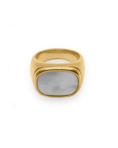 A chunky, genderless, statement band, the Kai Ring is a white cowry shell signet ring, perfect for everyday stacking.Style Tips: The Kai Ring is a stunning adornment even when worn alone, but for a more stated look, stack with the dainty Amara Ring or pair with the striking Kalani Ring. JEWELRY MATERIALHigh quality 18k Gold Coated Stainless Steel White Cowry Shell Signet RingHypoallergenic, Waterproof & Non-tarnishVIEA pieces are treated with an anti-tarnish coating to help protect against tarni White Open Signet Ring For Everyday Wear, Modern White Rings For Everyday Wear, Modern White Oval Signet Ring, Modern White Open Signet Ring, White Adjustable Elegant Signet Ring, Elegant White Adjustable Signet Ring, Cowry Shell, Pearl Shell, Salt And Water