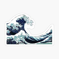 the great wave sticker is shown in blue, white and black colors on a white background